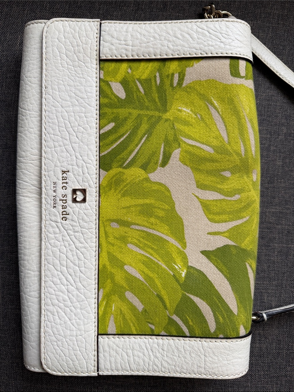 kate spade White and Green Palm Leaf Wristlet Clutch